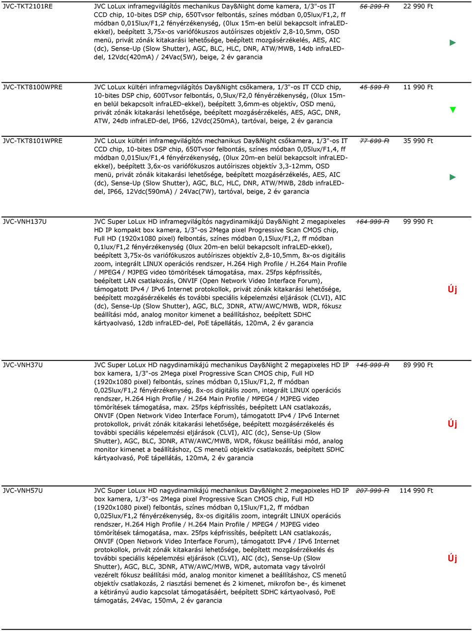 mozgásérzékelés, AES, AIC (dc), Sense-Up (Slow Shutter), AGC, BLC, HLC, DNR, ATW/MWB, 14db infraleddel, 12Vdc(420mA) / 24Vac(5W), beige, 2 év garancia 56 299 Ft 22 990 Ft JVC-TKT8100WPRE JVC LoLux