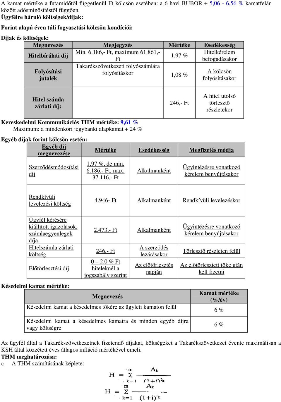 861,- Hitelkérelem 1,97 % Ft befogadásakor Takarékszövetkezeti folyószámlára folyósításkor 1,08 % Folyósítási jutalék A kölcsön folyósításakor Hitel számla zárlati díj: 246,- Ft A hitel utolsó