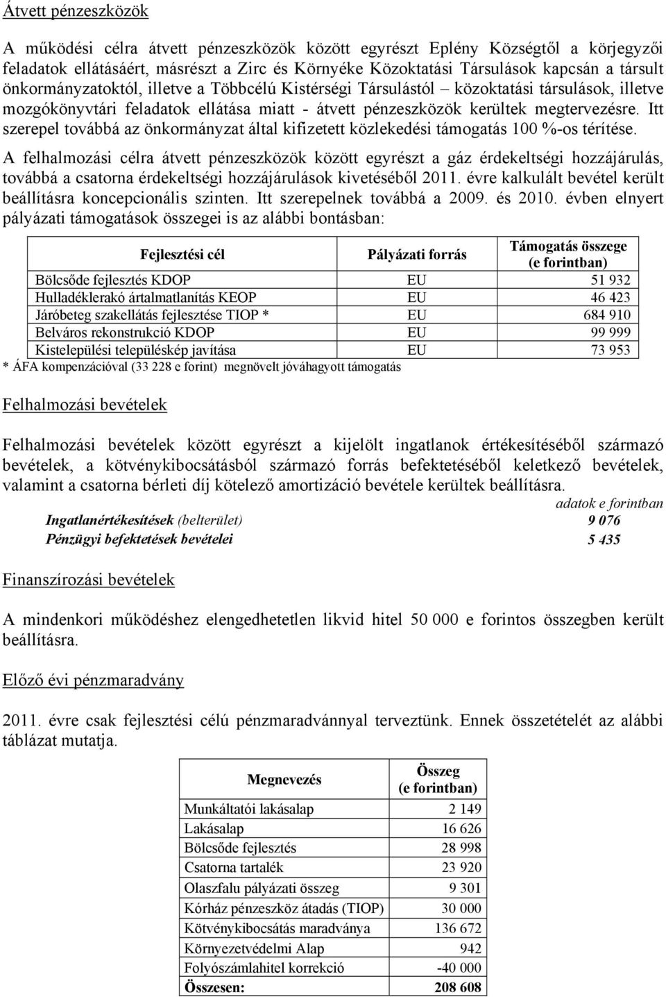 Itt szerepel továbbá az önkormányzat által kifizetett közlekedési támogatás 100 %-os térítése.