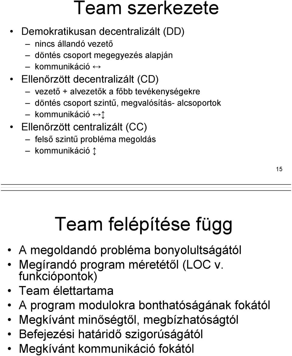 probléma megoldás kommunikáció 15 Team felépítése függ A megoldandó probléma bonyolultságától Megírandó program méretétől (LOC v.