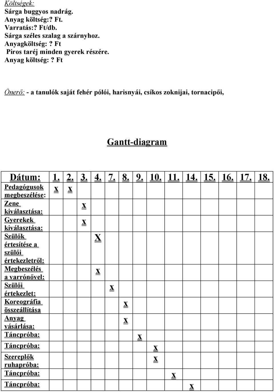 Ft Önerő: - a tanulók saját fehér pólói, harisnyái, csíkos zoknijai, tornacipői, Gantt-diagram Dátum: 1. 2. 3. 4. 7. 8. 9. 10. 11. 14. 15. 16. 17.