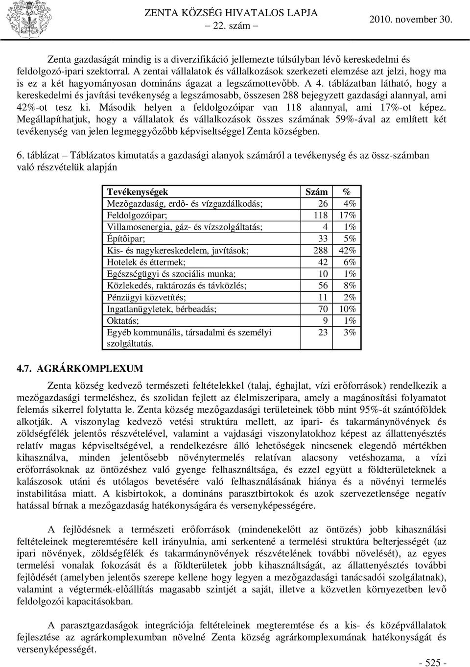 táblázatban látható, hogy a kereskedelmi és javítási tevékenység a legszámosabb, összesen 288 bejegyzett gazdasági alannyal, ami 42%-ot tesz ki.