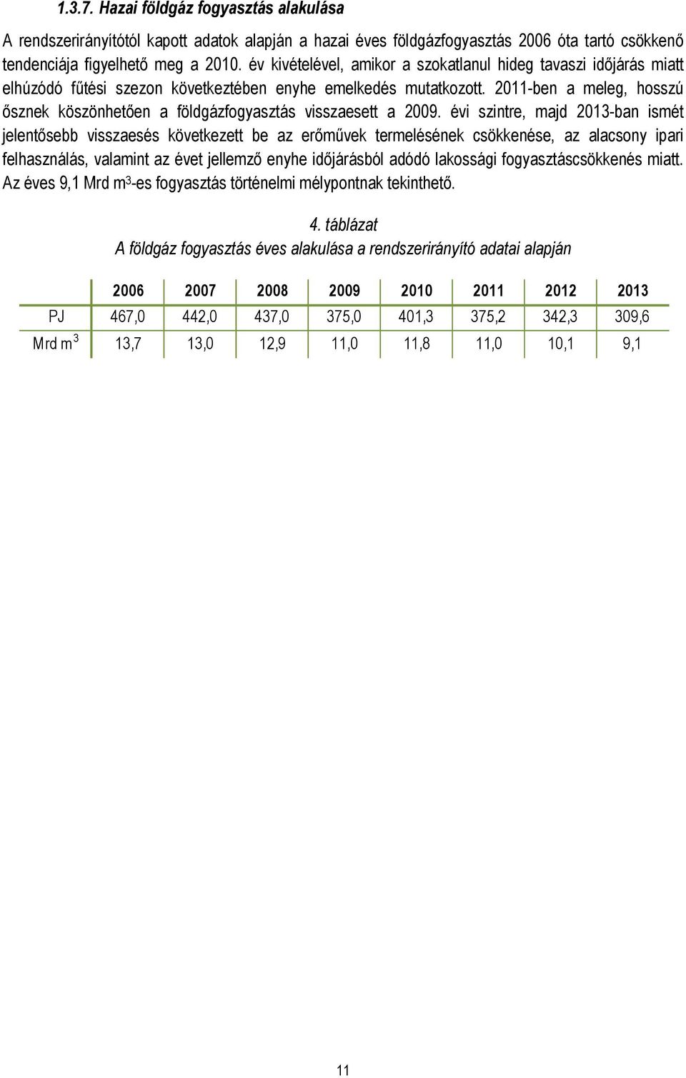 2011-ben a meleg, hosszú ősznek köszönhetően a földgázfogyasztás visszaesett a 2009.