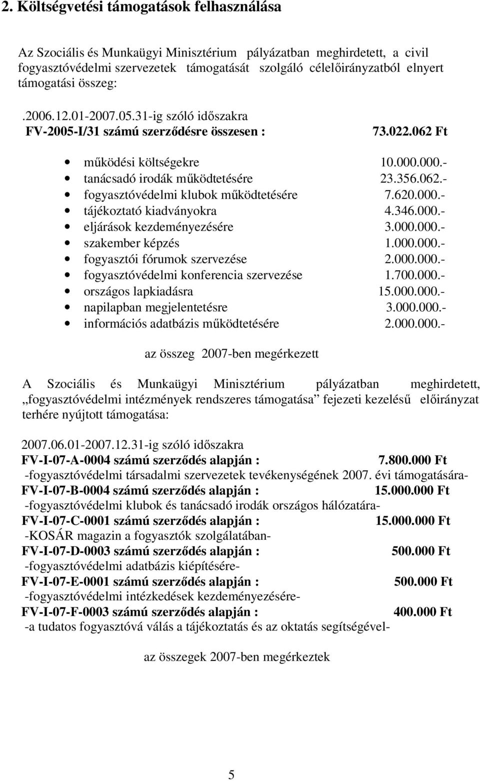 620.000.- tájékoztató kiadványokra 4.346.000.- eljárások kezdeményezésére 3.000.000.- szakember képzés 1.000.000.- fogyasztói fórumok szervezése 2.000.000.- fogyasztóvédelmi konferencia szervezése 1.