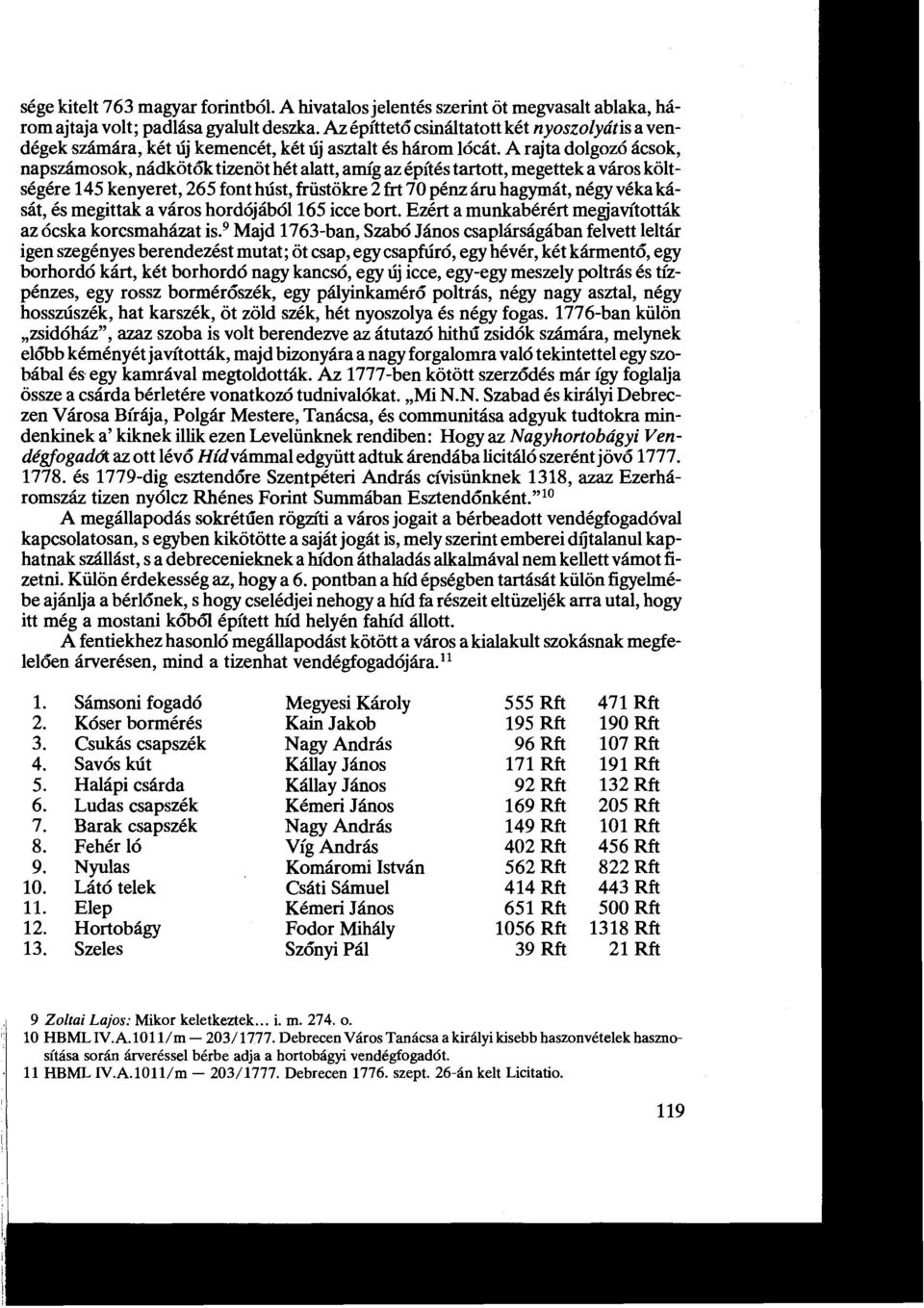 A rajta dolgozó ácsok, napszámosok, nádkötőktizenöthétalatt, amíg az építés tartott, megettek a városköltségére 145 kenyeret, 265 font húst, früstökre 2frt 70 pénz áru hagymát, négy véka kását, és