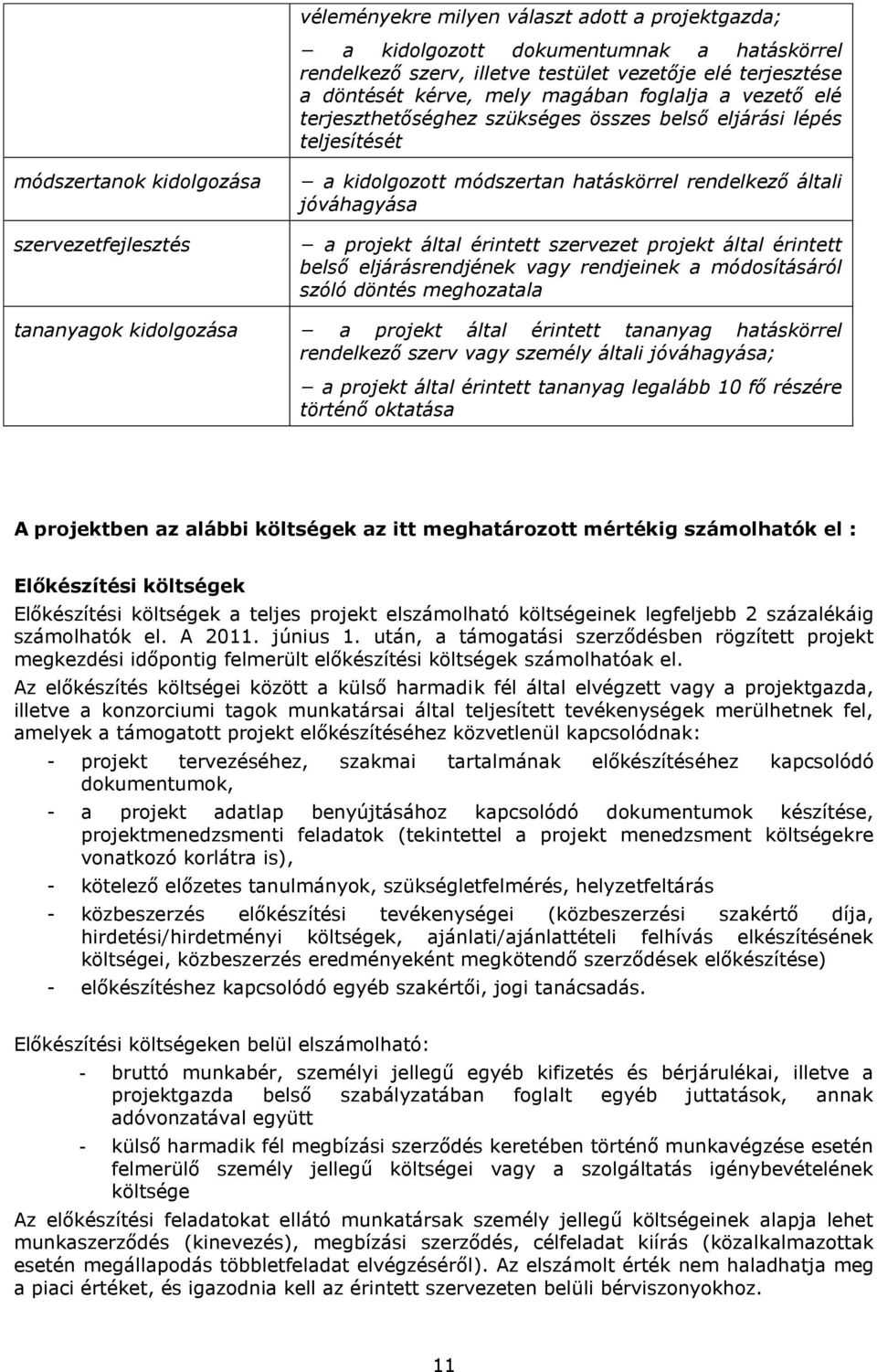 projekt által érintett szervezet projekt által érintett belső eljárásrendjének vagy rendjeinek a módosításáról szóló döntés meghozatala tananyagok kidolgozása a projekt által érintett tananyag