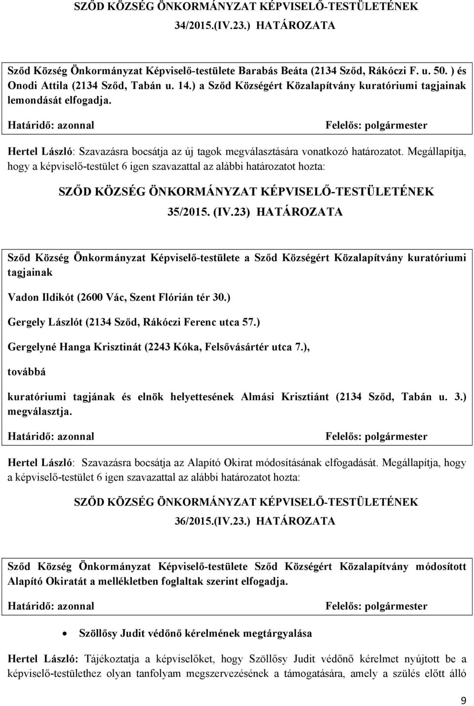 Megállapítja, hogy a képviselő-testület 6 igen szavazattal az alábbi határozatot hozta: 35/2015. (IV.