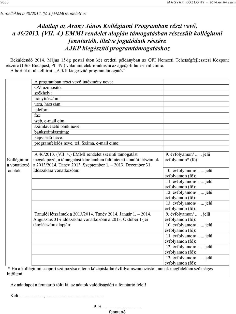 /2013. (VII. 4.) EMMI rendelet alapján támogatásban részesült kollégiumi fenntartók, illetve jogutódaik részére AJKP kiegészítő programtámogatáshoz Beküldendő 2014.