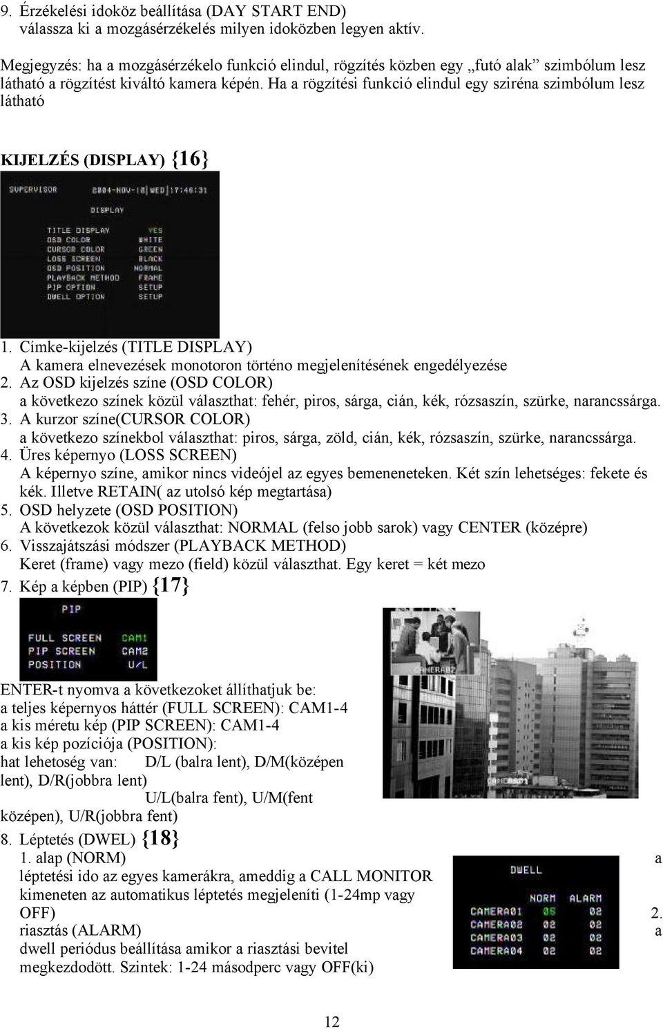 Ha a rögzítési funkció elindul egy sziréna szimbólum lesz látható KIJELZÉS (DISPLAY) {16} 1. Címke-kijelzés (TITLE DISPLAY) A kamera elnevezések monotoron történo megjelenítésének engedélyezése 2.