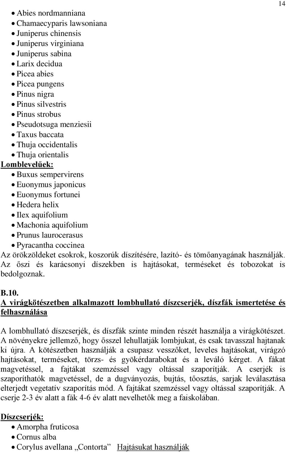 Pyracantha coccinea Az örökzöldeket csokrok, koszorúk díszítésére, lazító- és tömőanyagának használják. Az őszi és karácsonyi díszekben is hajtásokat, terméseket és tobozokat is bedolgoznak. B.10.