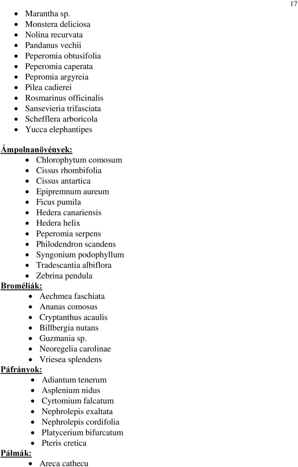 arboricola Yucca elephantipes 17 Ámpolnanövények: Chlorophytum comosum Cissus rhombifolia Cissus antartica Epipremnum aureum Ficus pumila Hedera canariensis Hedera helix Peperomia serpens