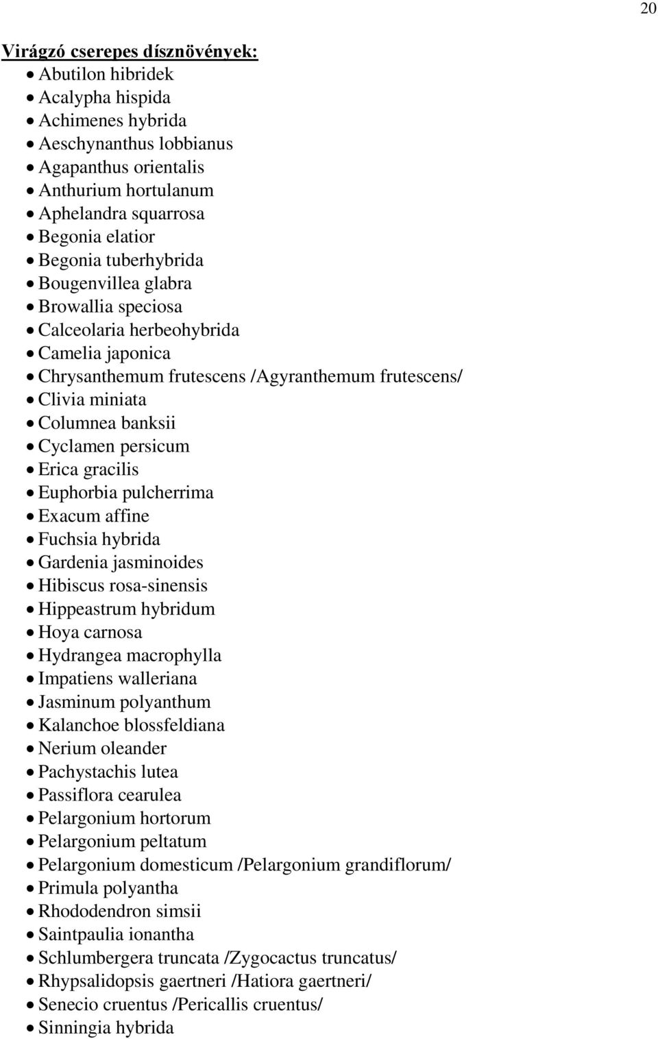 Erica gracilis Euphorbia pulcherrima Exacum affine Fuchsia hybrida Gardenia jasminoides Hibiscus rosa-sinensis Hippeastrum hybridum Hoya carnosa Hydrangea macrophylla Impatiens walleriana Jasminum