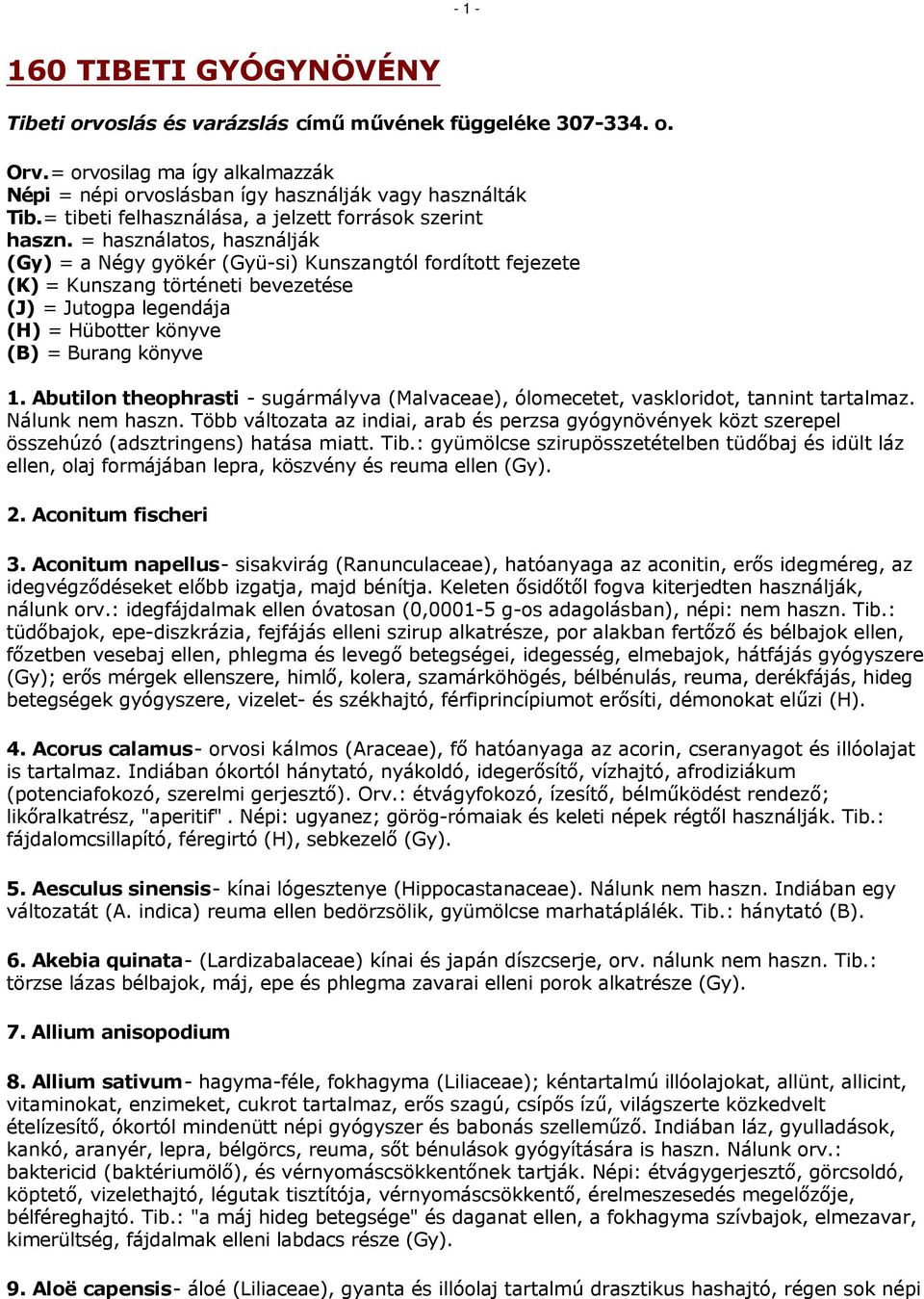 = használatos, használják (Gy) = a Négy gyökér (Gyü-si) Kunszangtól fordított fejezete (K) = Kunszang történeti bevezetése (J) = Jutogpa legendája (H) = Hübotter könyve (B) = Burang könyve 1.