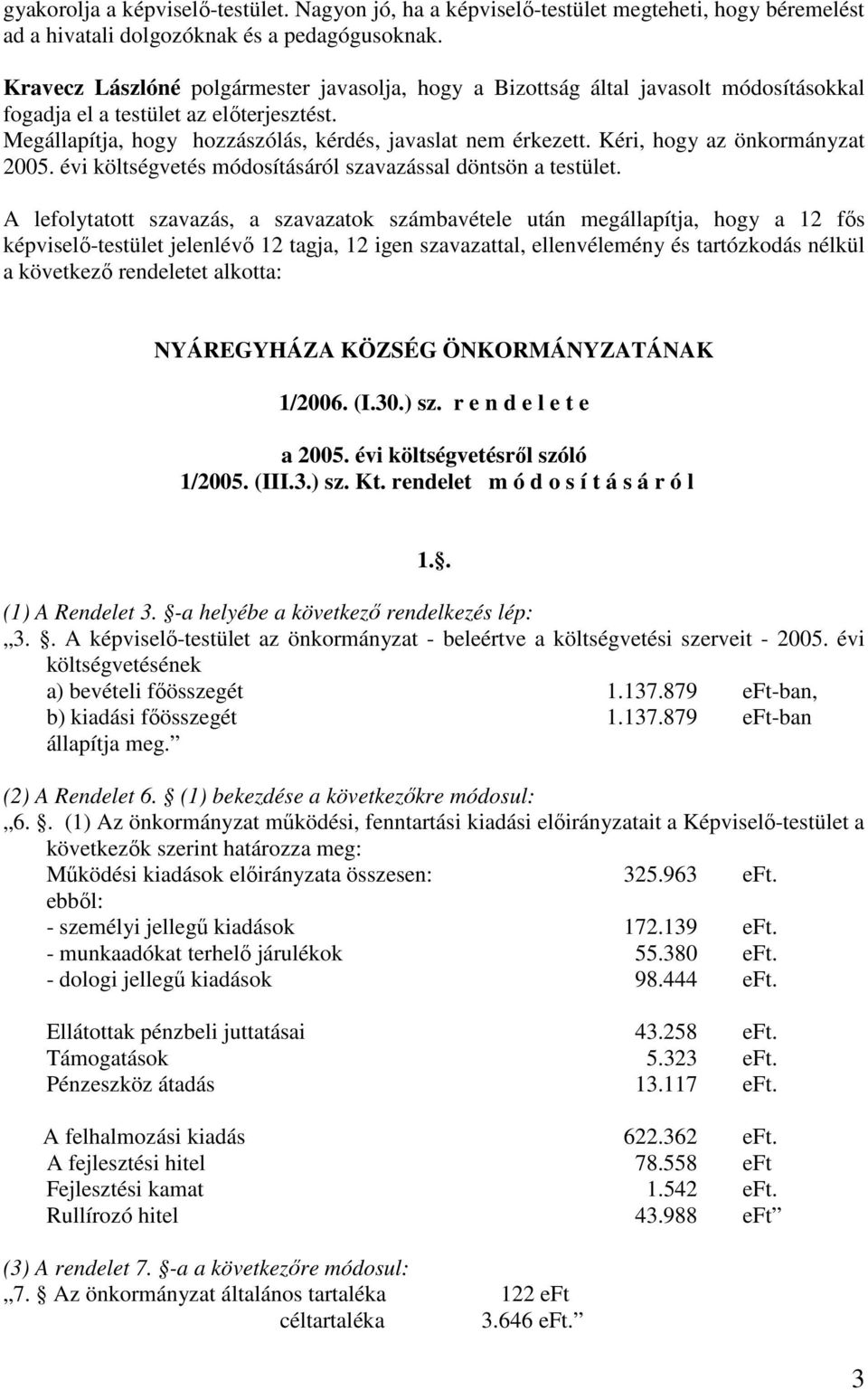 Kéri, hogy az önkormányzat 2005. évi költségvetés módosításáról szavazással döntsön a testület.