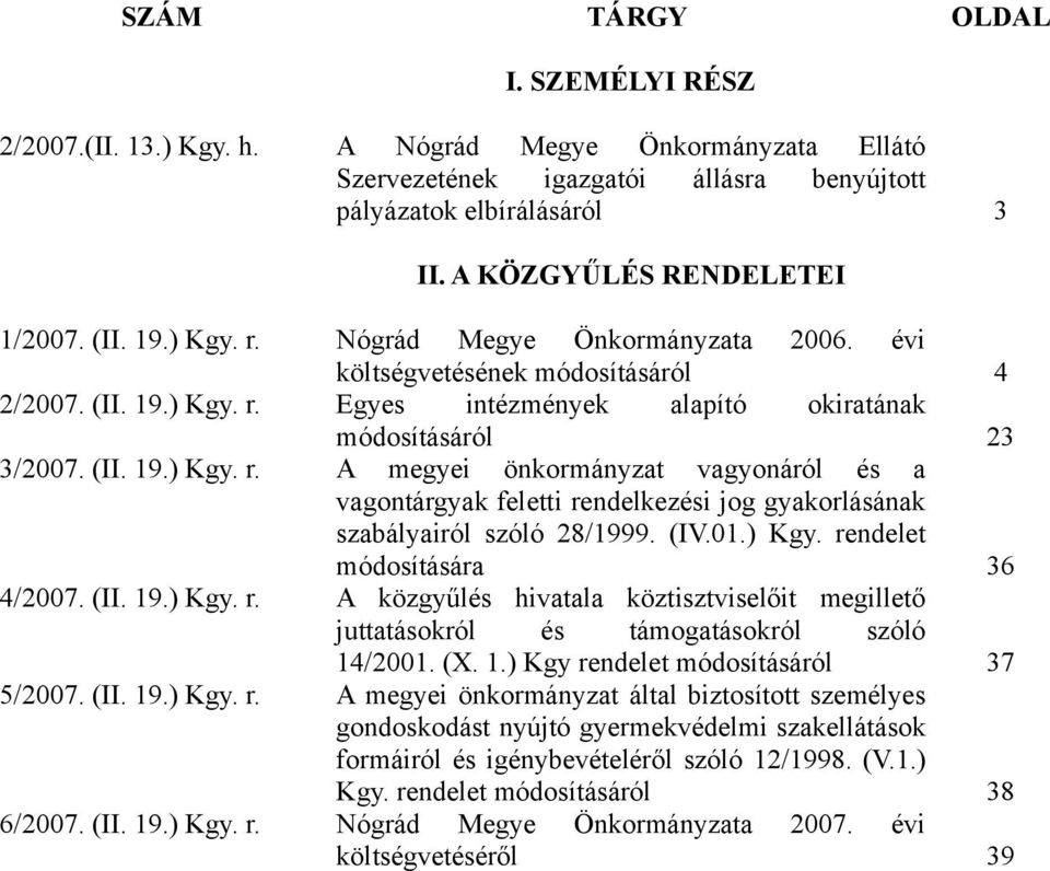 (IV.01.) Kgy. rendelet módosítására 36 4/2007. (II. 19.) Kgy. r. A közgyűlés hivatala köztisztviselőit megillető juttatásokról és támogatásokról szóló 14/2001. (X. 1.) Kgy rendelet módosításáról 37 5/2007.