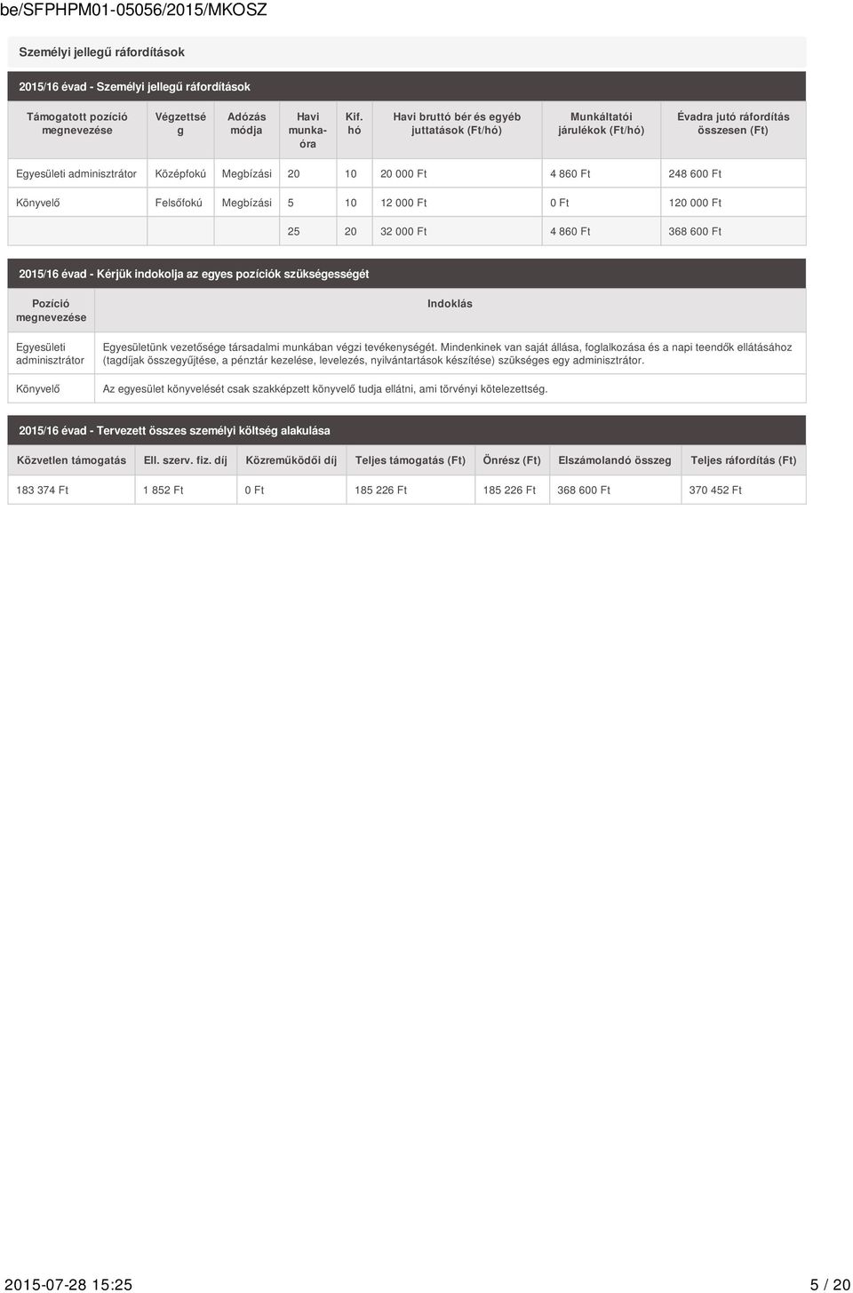 Felsőfokú Megbízási 5 10 12 000 Ft 0 Ft 120 000 Ft 25 20 32 000 Ft 4 860 Ft 368 600 Ft 2015/16 évad - Kérjük indokolja az egyes pozíciók szükségességét Pozíció megnevezése Egyesületi adminisztrátor