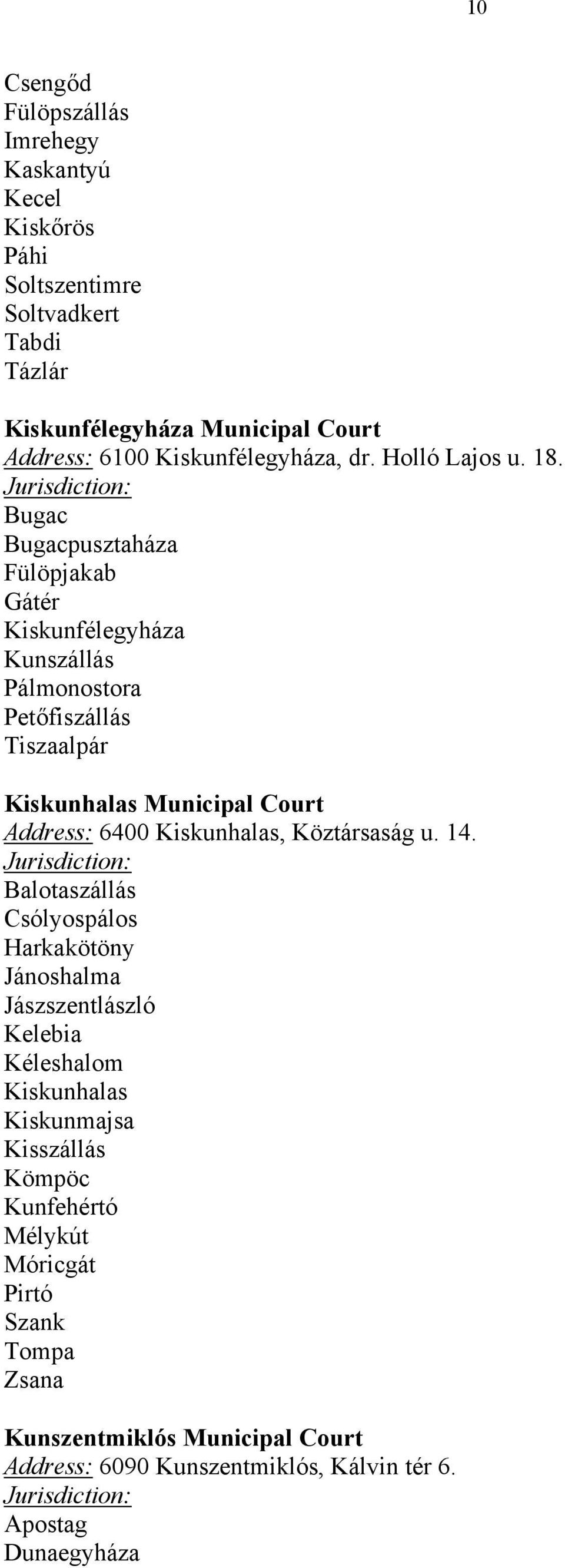 Bugac Bugacpusztaháza Fülöpjakab Gátér Kiskunfélegyháza Kunszállás Pálmonostora Petőfiszállás Tiszaalpár Kiskunhalas Municipal Court Address: 6400 Kiskunhalas,