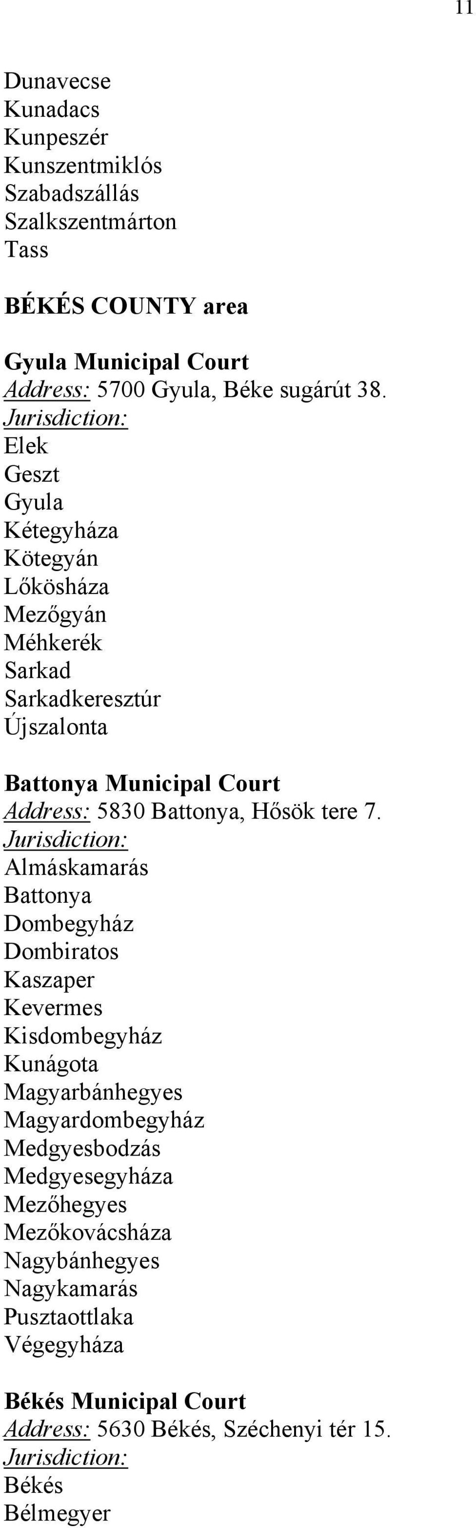 Elek Geszt Gyula Kétegyháza Kötegyán Lőkösháza Mezőgyán Méhkerék Sarkad Sarkadkeresztúr Újszalonta Battonya Municipal Court Address: 5830 Battonya, Hősök