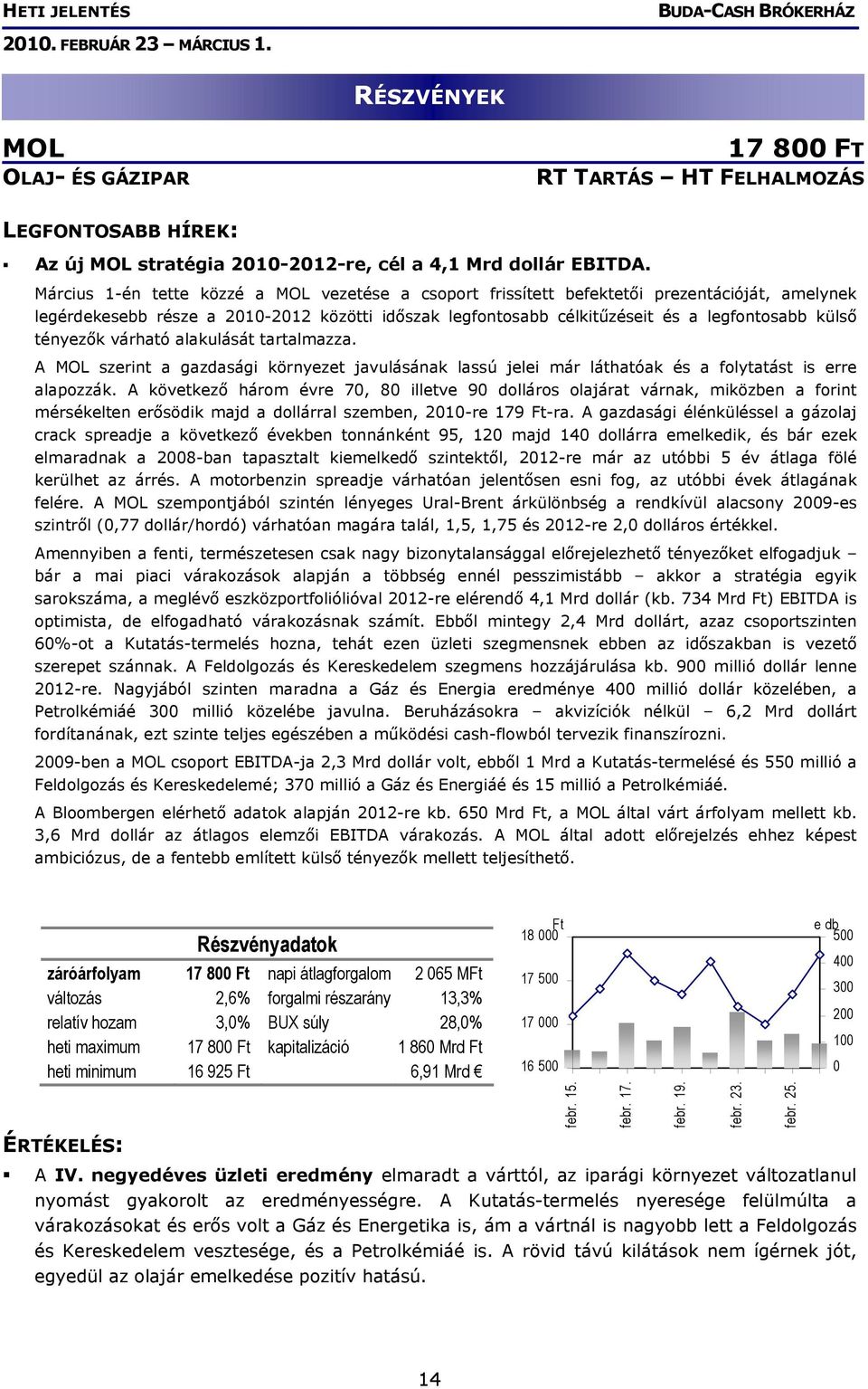 tényezők várható alakulását tartalmazza. A MOL szerint a gazdasági környezet javulásának lassú jelei már láthatóak és a folytatást is erre alapozzák.