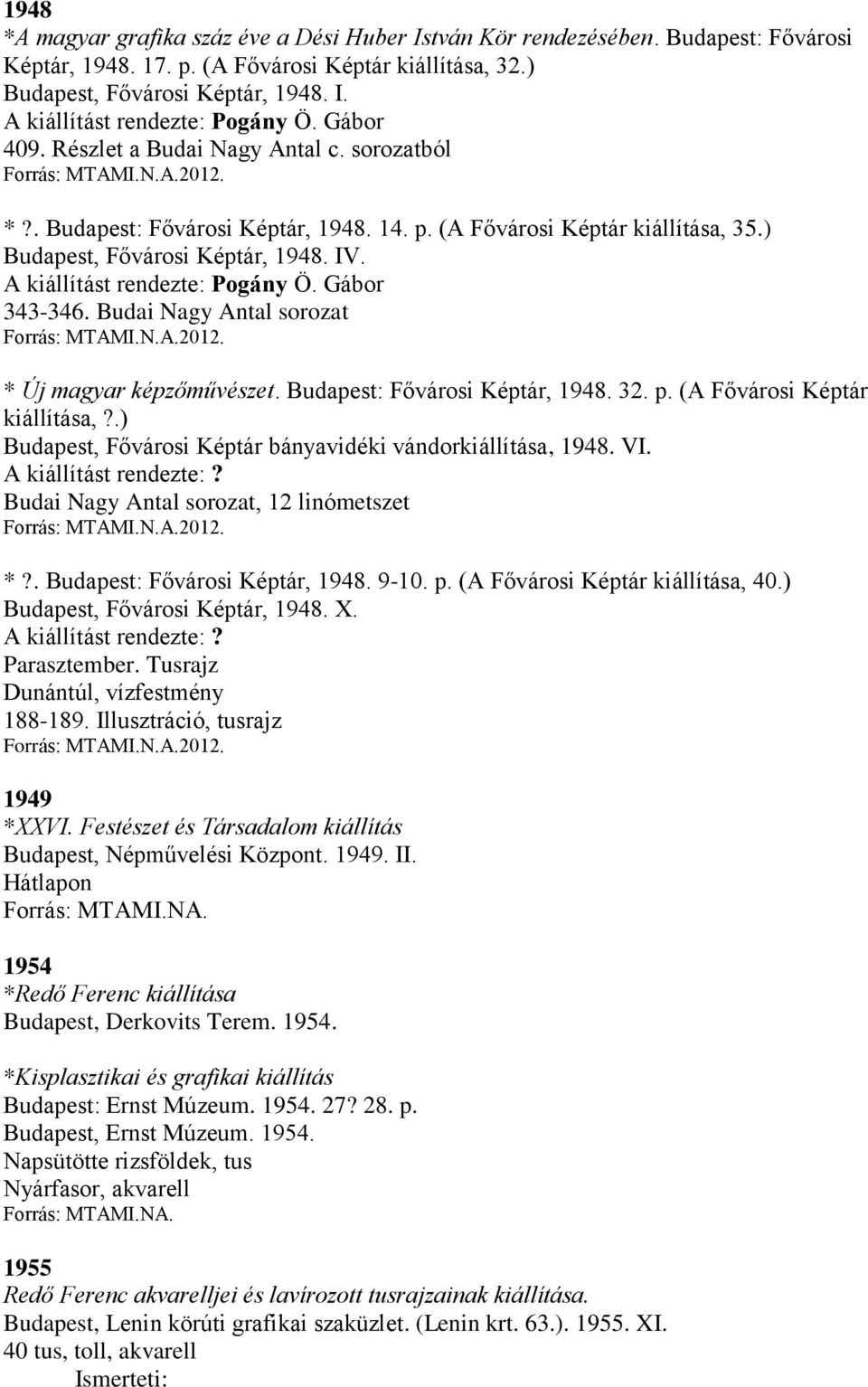 A kiállítást rendezte: Pogány Ö. Gábor 343-346. Budai Nagy Antal sorozat * Új magyar képzőművészet. Budapest: Fővárosi Képtár, 1948. 32. p. (A Fővárosi Képtár kiállítása,?