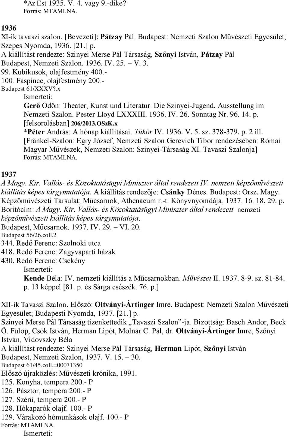 - Budapest 61/XXXV?.x Gerő Ödön: Theater, Kunst und Literatur. Die Szinyei-Jugend. Ausstellung im Nemzeti Szalon. Pester Lloyd LXXXIII. 1936. IV. 26. Sonntag Nr. 96. 14. p. [felsorolásban] 206/2013.