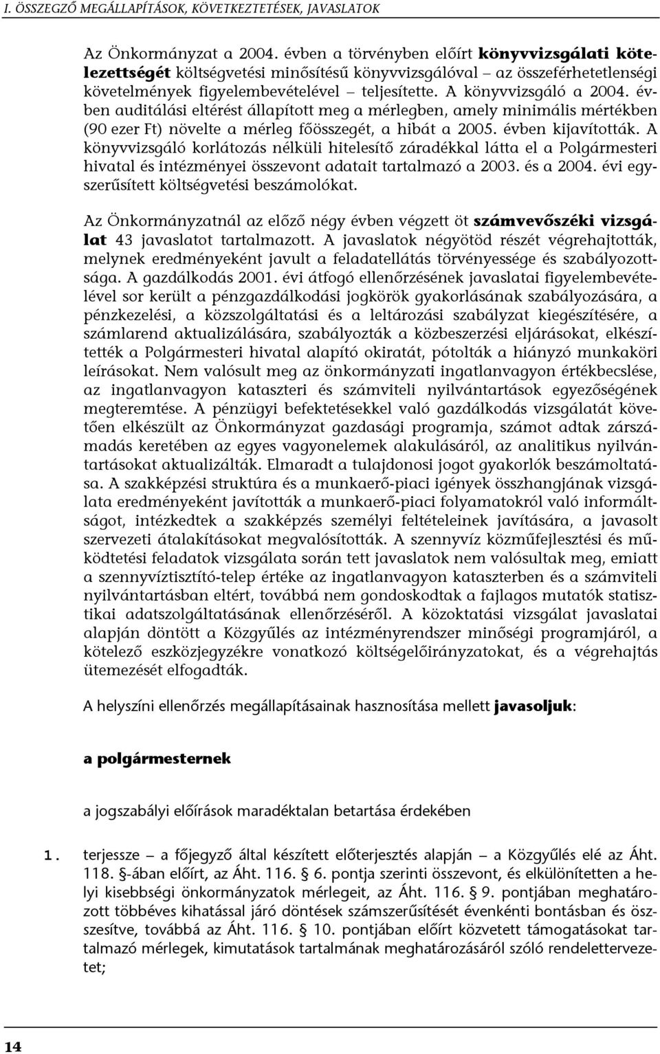 évben auditálási eltérést állapított meg a mérlegben, amely minimális mértékben (90 ezer Ft) növelte a mérleg főösszegét, a hibát a 2005. évben kijavították.