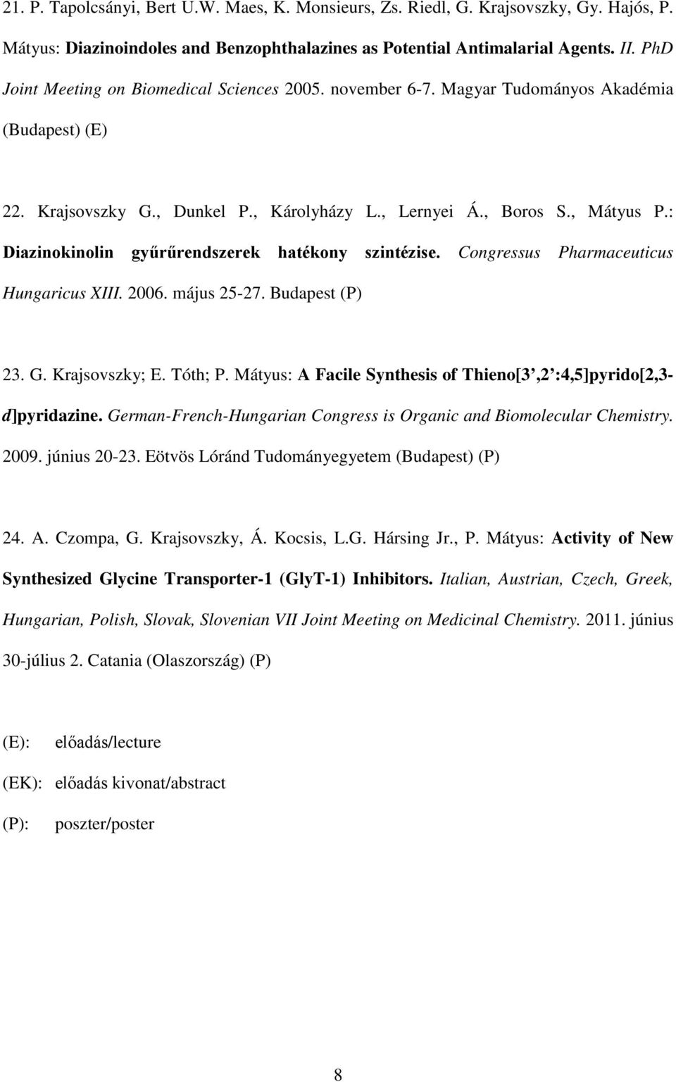 : Diazinokinolin gyűrűrendszerek hatékony szintézise. Congressus Pharmaceuticus Hungaricus XIII. 2006. május 25-27. Budapest (P) 23. G. Krajsovszky; E. Tóth; P.