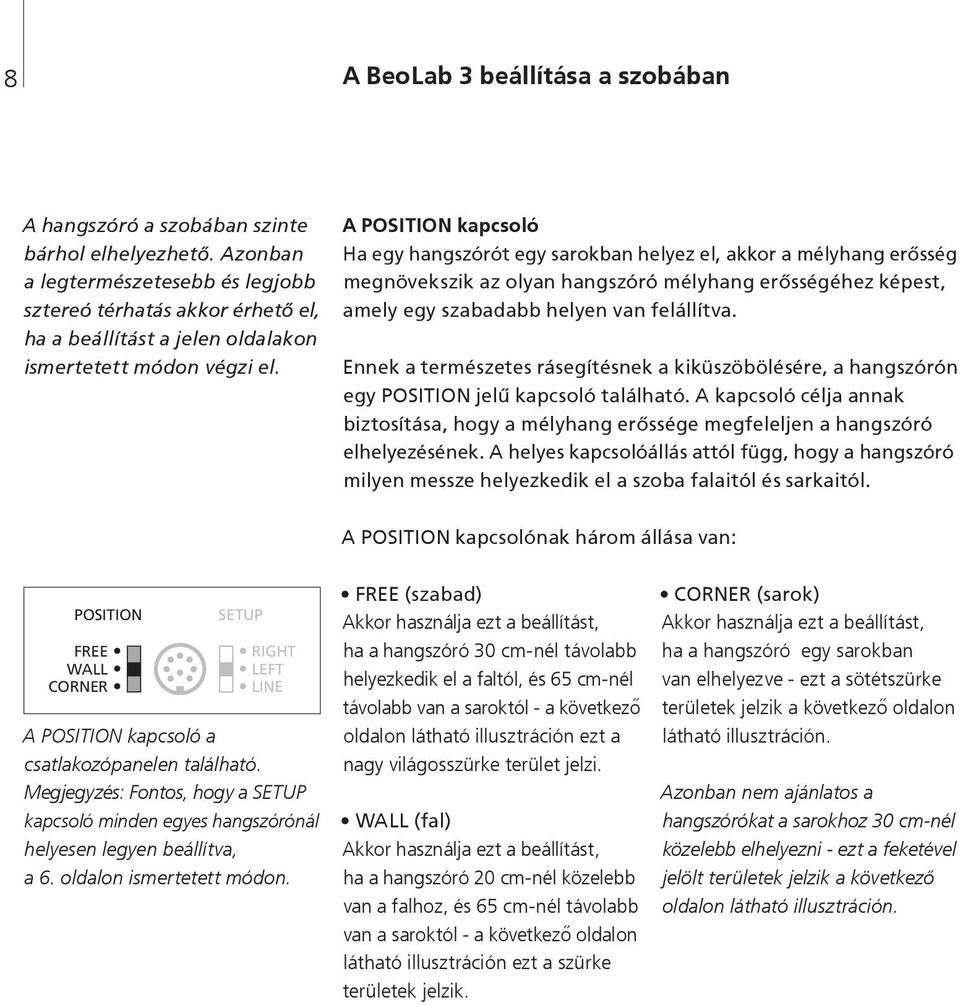 A POSITION kapcsoló Ha egy hangszórót egy sarokban helyez el, akkor a mélyhang erősség megnövekszik az olyan hangszóró mélyhang erősségéhez képest, amely egy szabadabb helyen van felállítva.