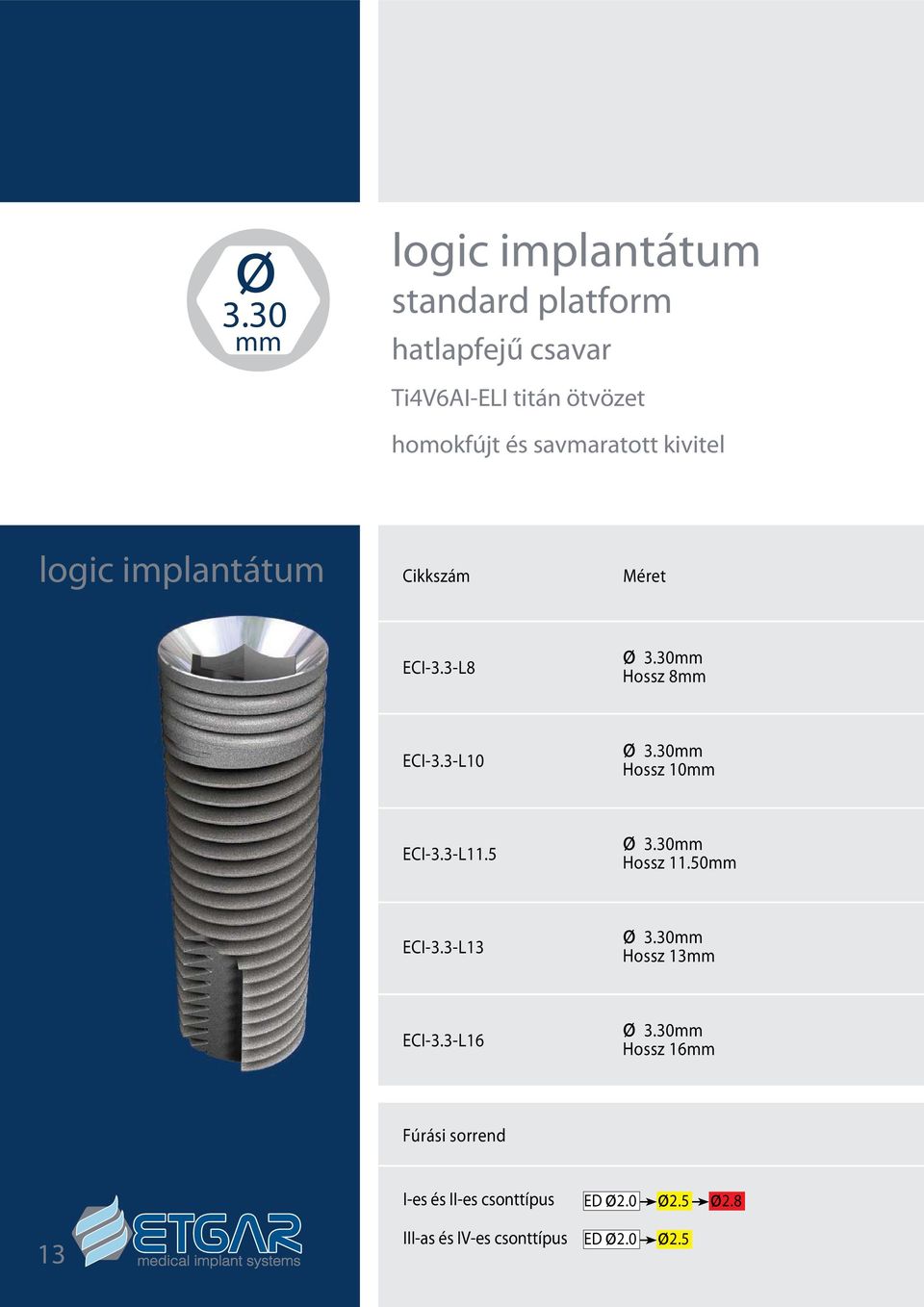 30mm Hossz 10mm ECI-3.3-L11.5 ø 3.30mm Hossz 11.50mm ECI-3.3-L13 ø 3.30mm Hossz 13mm ECI-3.3-L16 ø 3.