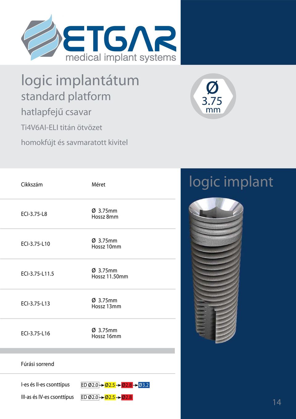 75-L8 ø 3.75mm Hossz 8mm ECI-3.75-L10 ø 3.75mm Hossz 10mm ECI-3.75-L11.5 ø 3.75mm Hossz 11.50mm ECI-3.