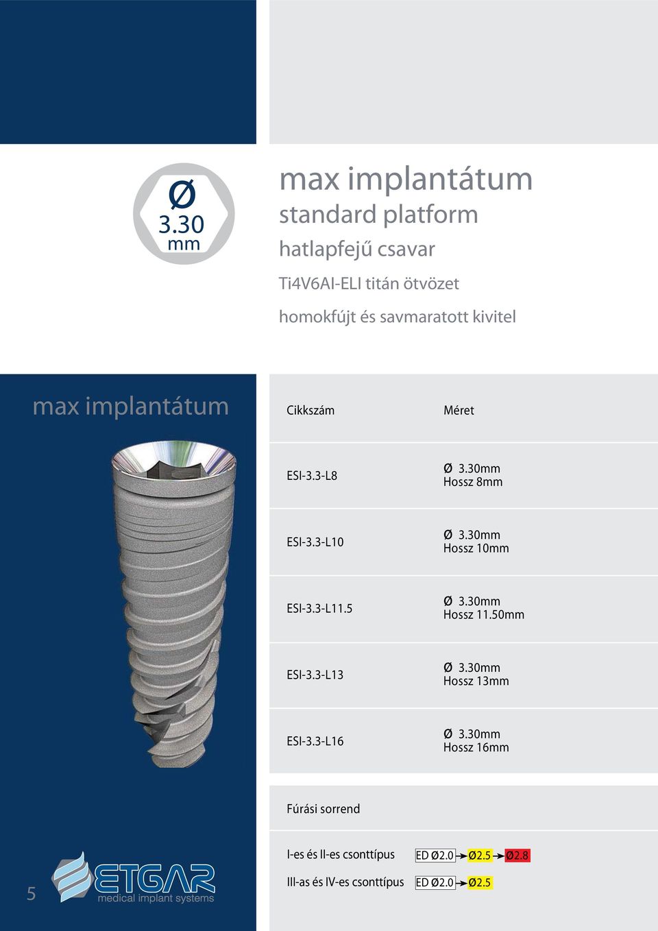 30mm Hossz 10mm ESI-3.3-L11.5 ø 3.30mm Hossz 11.50mm ESI-3.3-L13 ø 3.30mm Hossz 13mm ESI-3.3-L16 ø 3.