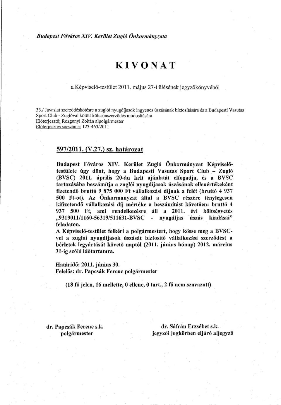 alpolgármester Előterjesztés sorszáma: 123-463/2011 597/2011. (V.27.) sz. határozat Budapest Főváros XIV.