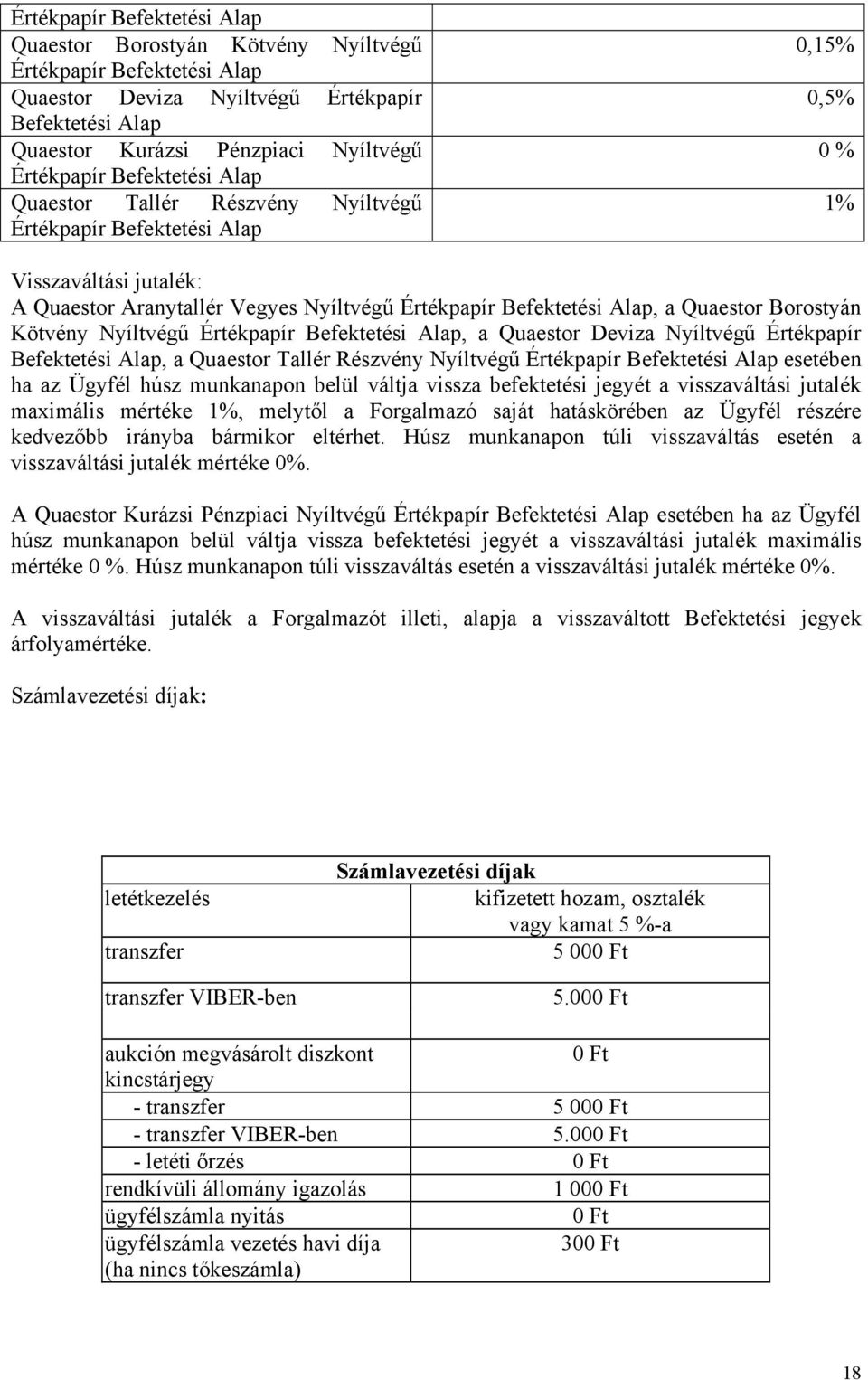 Quaestor Borostyán Kötvény Nyíltvégű Értékpapír Befektetési Alap, a Quaestor Deviza Nyíltvégű Értékpapír Befektetési Alap, a Quaestor Tallér Részvény Nyíltvégű Értékpapír Befektetési Alap esetében ha