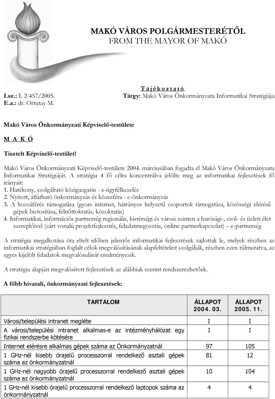 Makó Város Önkormányzati Képviselő-testülete 2004. márciusában fogadta el Makó Város Önkormányzata Informatikai Stratégiáját.