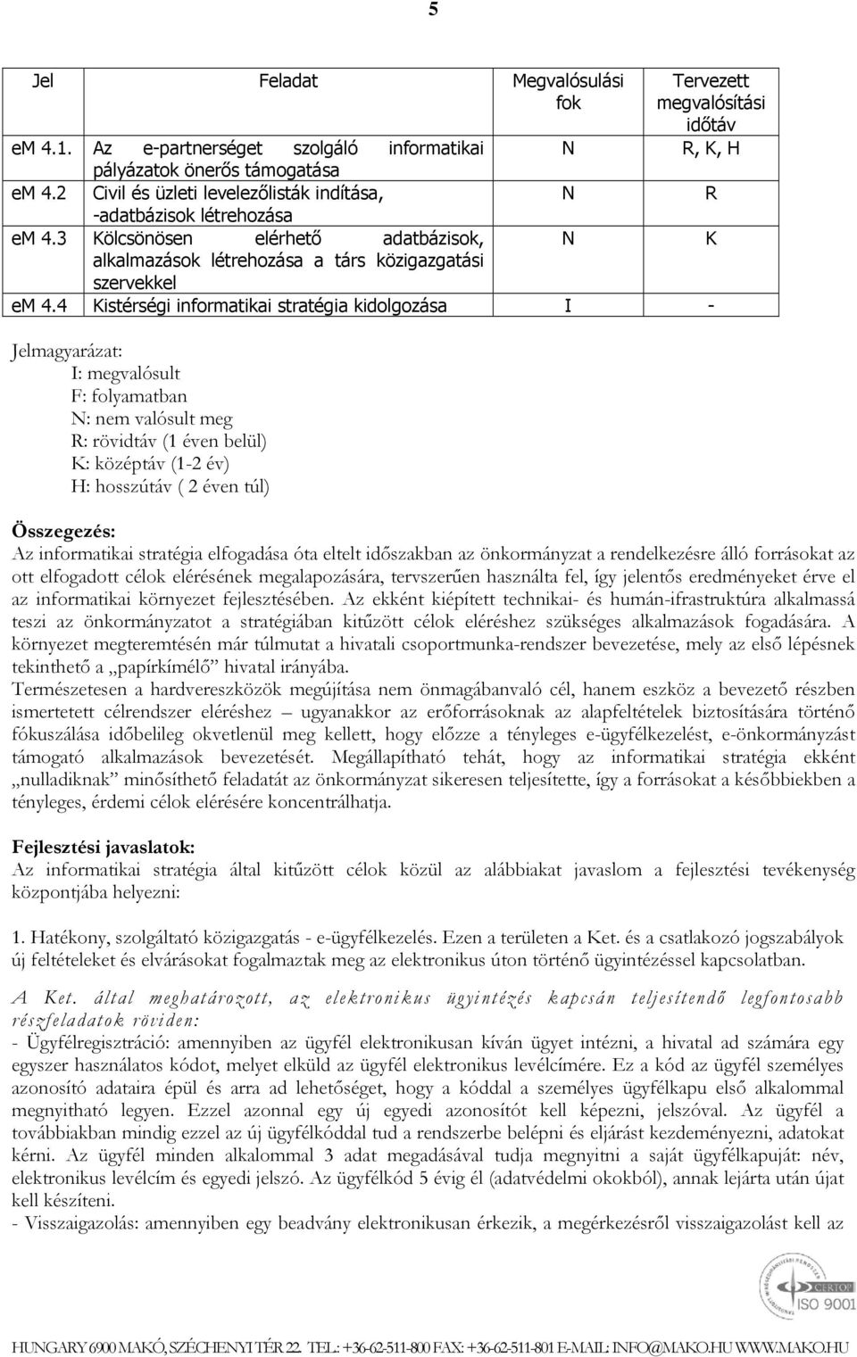 4 Kistérségi informatikai stratégia kidolgozása Jelmagyarázat: I: megvalósult : folyamatban N: nem valósult meg : rövidtáv (1 éven belül) K: középtáv (1-2 év) H: hosszútáv ( 2 éven túl) Összegezés: