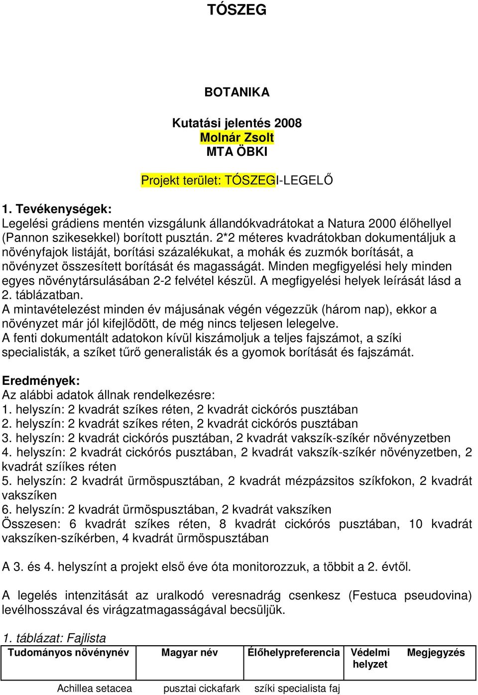 2*2 méteres kvadrátokban dokumentáljuk a növényfajok listáját, borítási százalékukat, a mohák és zuzmók borítását, a növényzet összesített borítását és magasságát.