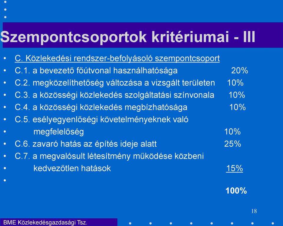 a közösségi közlekedés szolgáltatási színvonala 10% C.4. a közösségi közlekedés megbízhatósága 10% C.5.