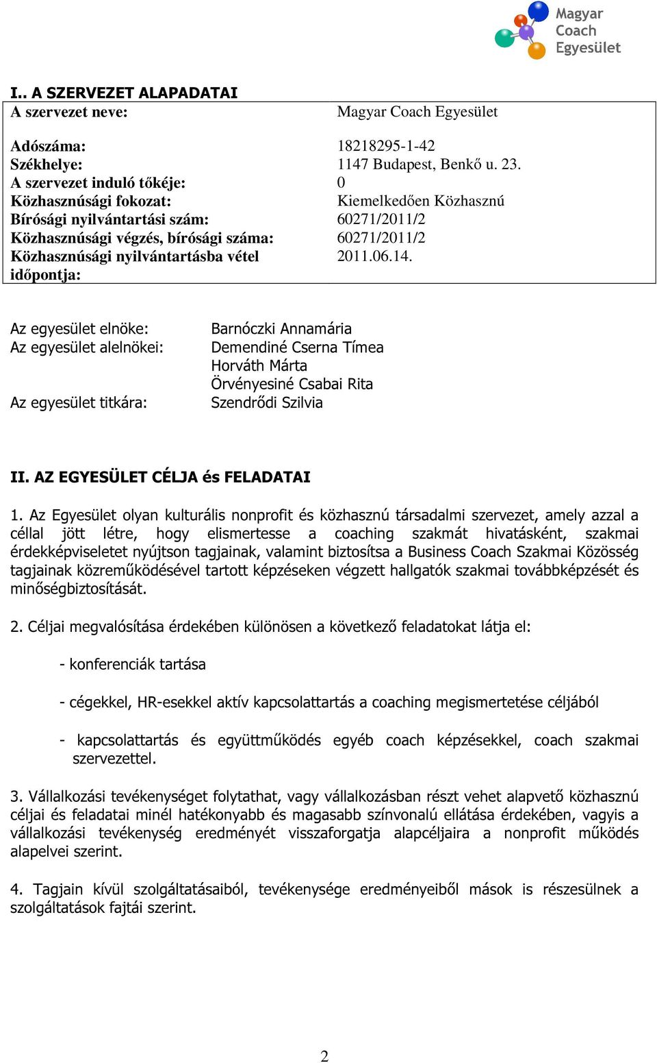 vétel 2011.06.14. időpontja: Az egyesület elnöke: Az egyesület alelnökei: Az egyesület titkára: Barnóczki Annamária Demendiné Cserna Tímea Horváth Márta Örvényesiné Csabai Rita Szendrődi Szilvia II.