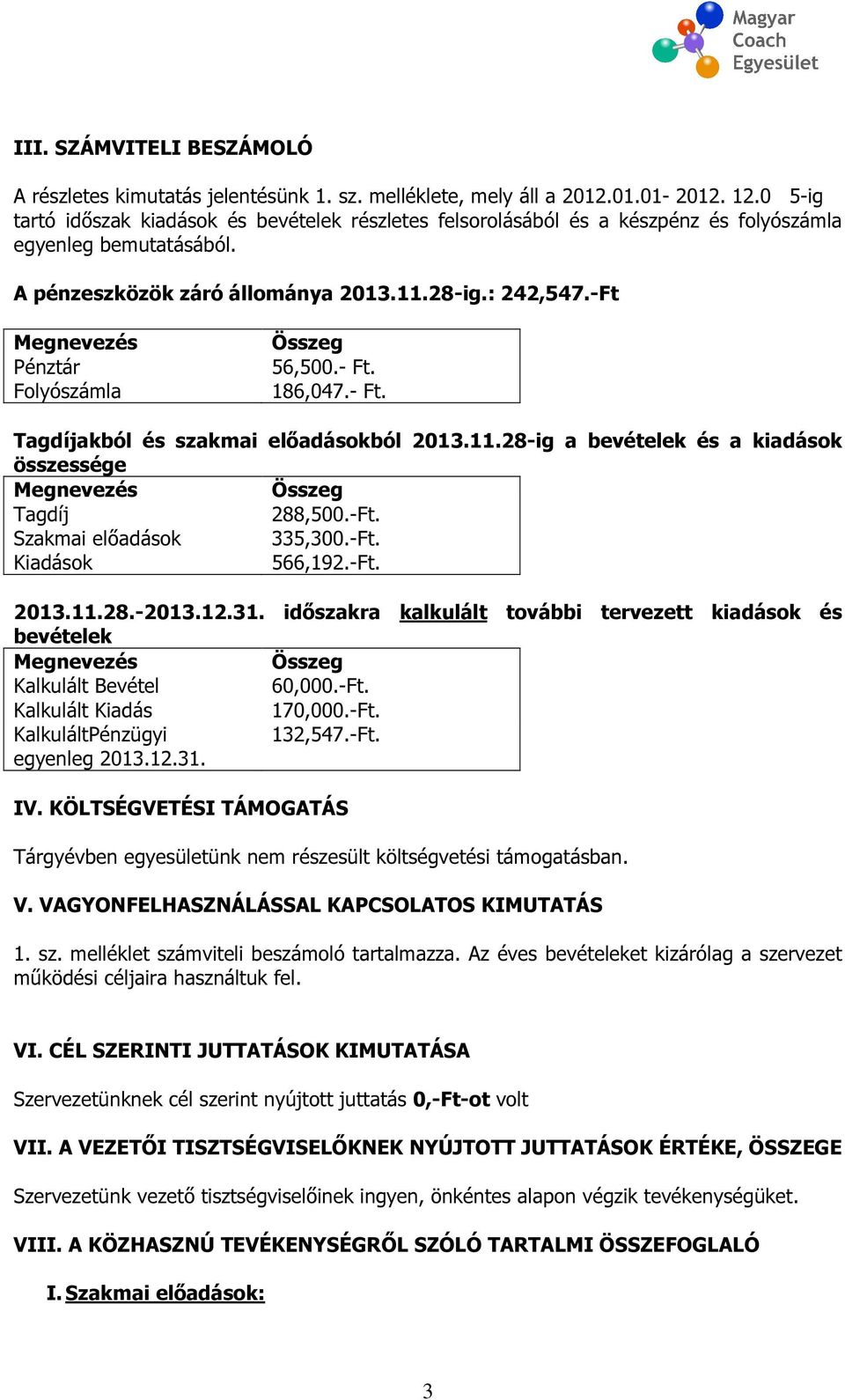 -Ft Megnevezés Pénztár Folyószámla Összeg 56,500.- Ft. 186,047.- Ft. Tagdíjakból és szakmai előadásokból 2013.11.28-ig a bevételek és a kiadások összessége Megnevezés Összeg Tagdíj 288,500.-Ft. Szakmai előadások 335,300.