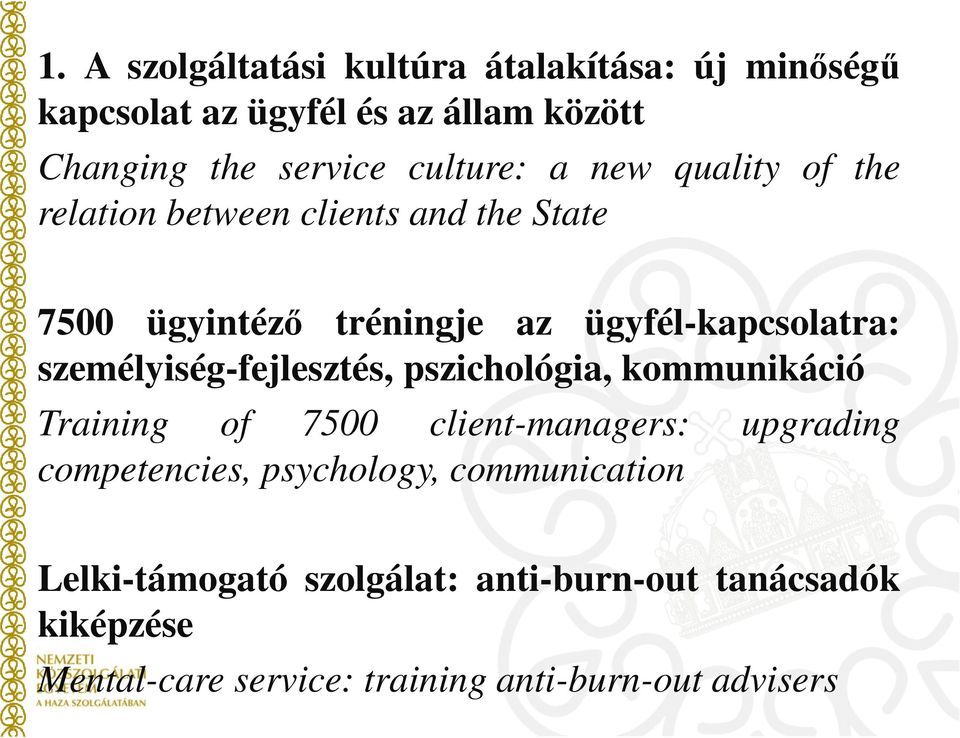 személyiség-fejlesztés, pszichológia, kommunikáció Training of 7500 client-managers: upgrading competencies,