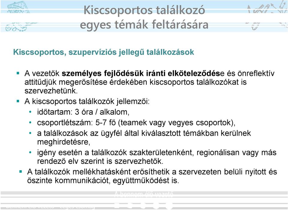 A kiscsoportos találkozók jellemzői: időtartam: 3 óra / alkalom, csoportlétszám: 5-7 fő (teamek vagy vegyes csoportok), a találkozások az ügyfél által kiválasztott