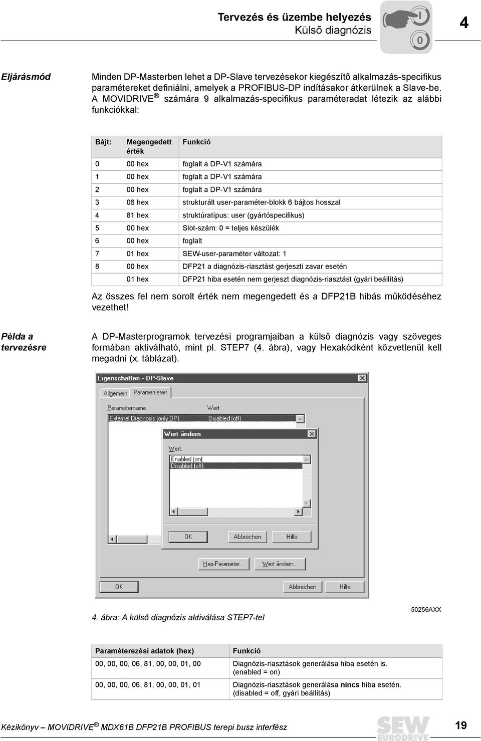 A MOVDRVE számára 9 alkalmazás-specifikus paraméteradat létezik az alábbi funkciókkal: Bájt: Megengedett érték Funkció hex foglalt a DP-V1 számára 1 hex foglalt a DP-V1 számára 2 hex foglalt a DP-V1