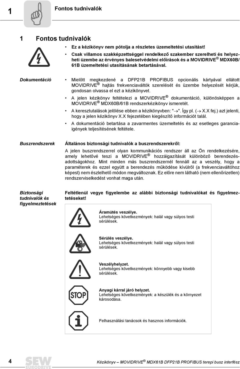 Dokumentáció Mielőtt megkezdené a DFP21B PROFBUS opcionális kártyával ellátott MOVDRVE hajtás frekvenciaváltók szerelését és üzembe helyezését kérjük, gondosan olvassa el ezt a kézikönyvet.