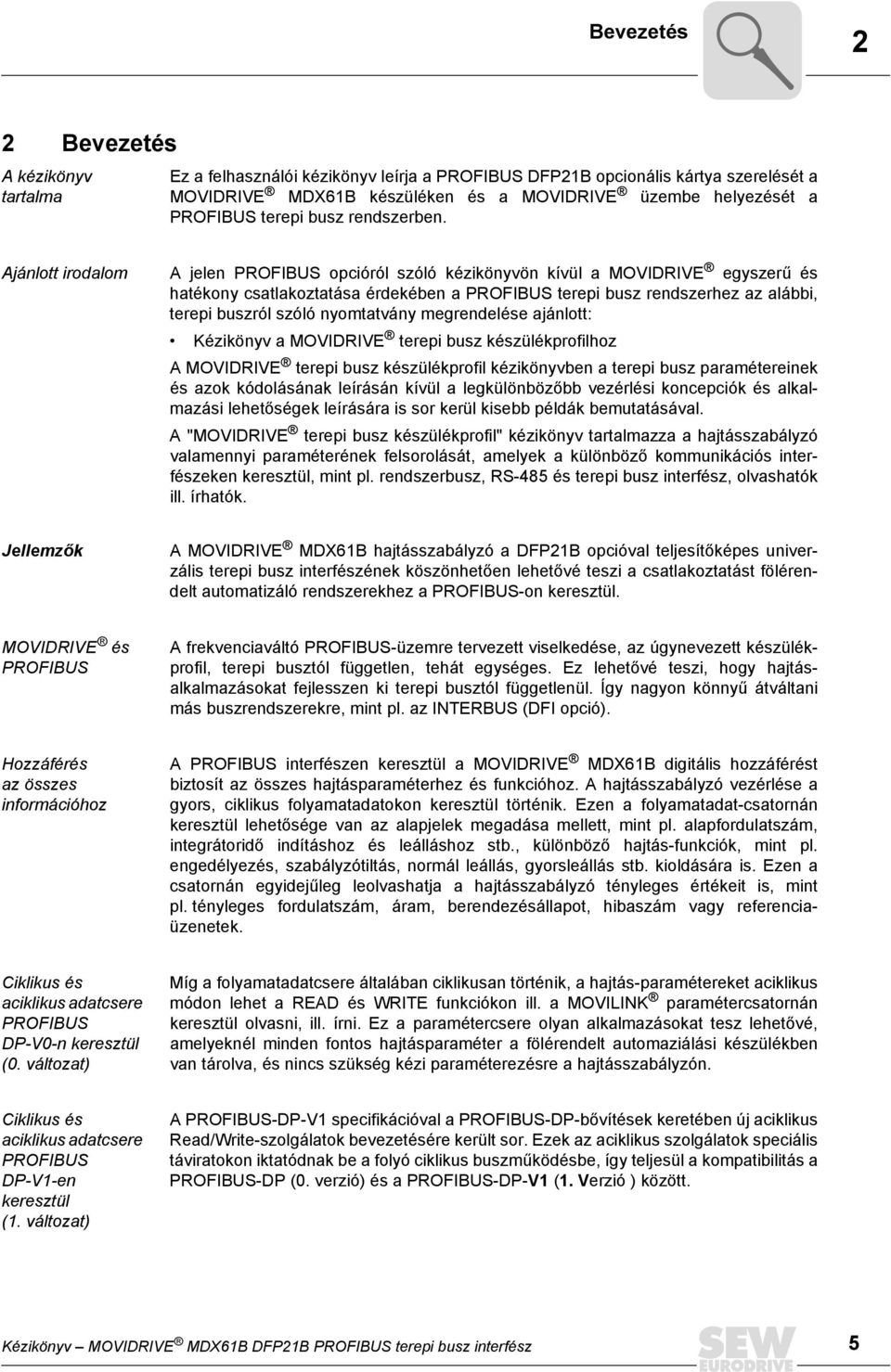 Ajánlott irodalom A jelen PROFBUS opcióról szóló kézikönyvön kívül a MOVDRVE egyszerű és hatékony csatlakoztatása érdekében a PROFBUS terepi busz rendszerhez az alábbi, terepi buszról szóló