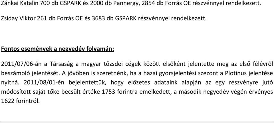 Fontos események a negyedév folyamán: 2011/07/06-án a Társaság a magyar tőzsdei cégek között elsőként jelentette meg az első félévről beszámoló