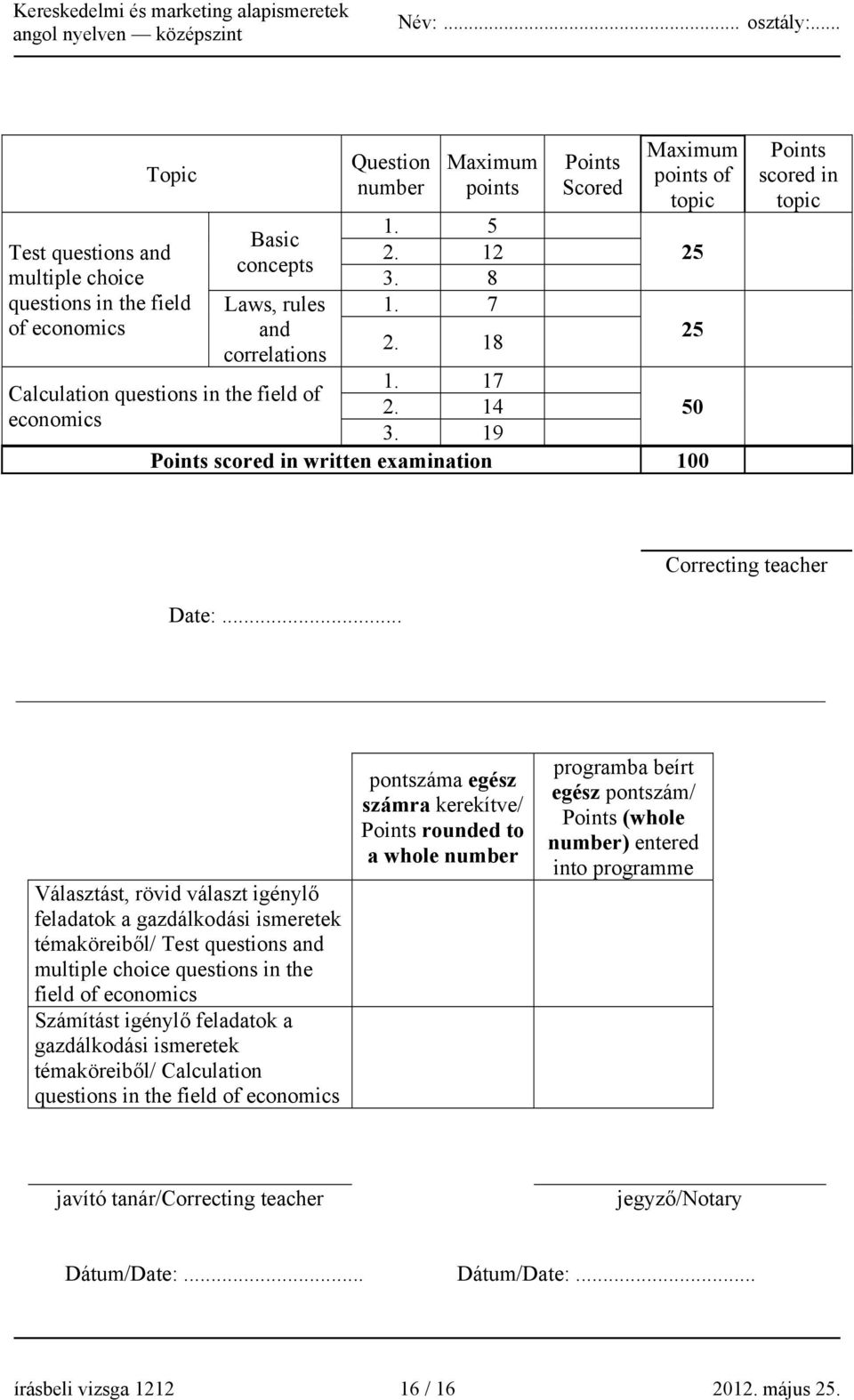 19 Points scored in written examination 100 Calculation questions in the field of economics 25 25 Points scored in topic Correcting teacher Date:.