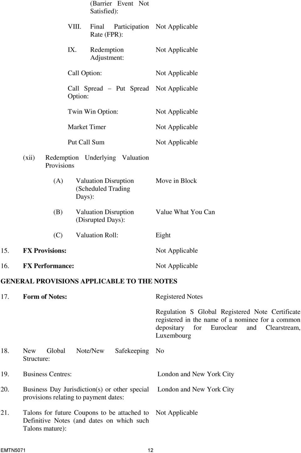 Trading Days): Valuation Disruption (Disrupted Days): Move in Block Value What You Can (C) Valuation Roll: Eight 15. FX Provisions: 16. FX Performance: GENERAL PROVISIONS APPLICABLE TO THE NOTES 17.