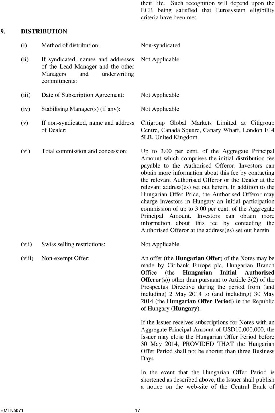 Agreement: (iv) Stabilising Manager(s) (if any): (v) If non-syndicated, name and address of Dealer: Citigroup Global Markets Limited at Citigroup Centre, Canada Square, Canary Wharf, London E14 5LB,