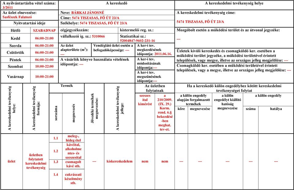 cukrászti készítmény stb. Jövedéki Sttisztiki sz.: 52004847-9602-231-16 időpontj: 2011.06.16. módosításánk folyttnk meght.