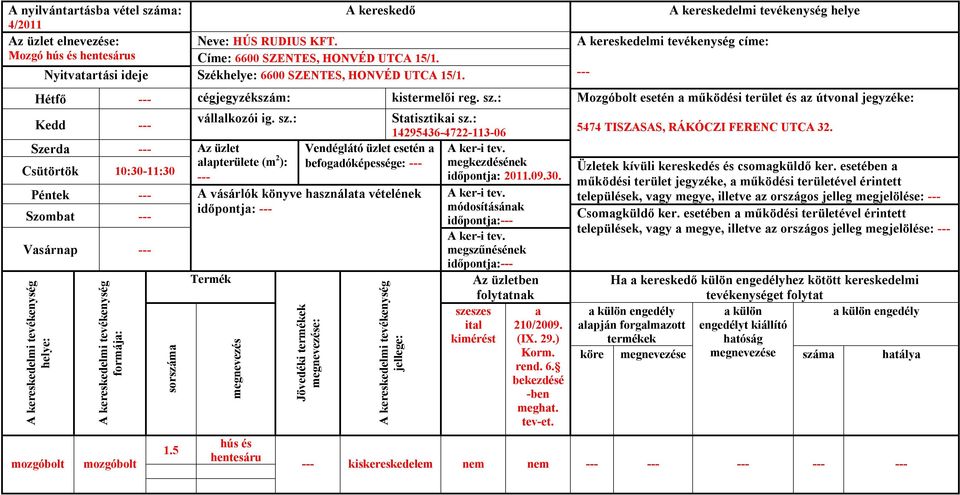 : 14295436-4722-113-06 időpontj: 2011.09.30. módosításánk folyttnk meght. helye címe: Mozgóbolt esetén működési terület és z útvonl jegyzéke: 5474 TISZASAS, RÁKÓCZI FERENC UTCA 32.